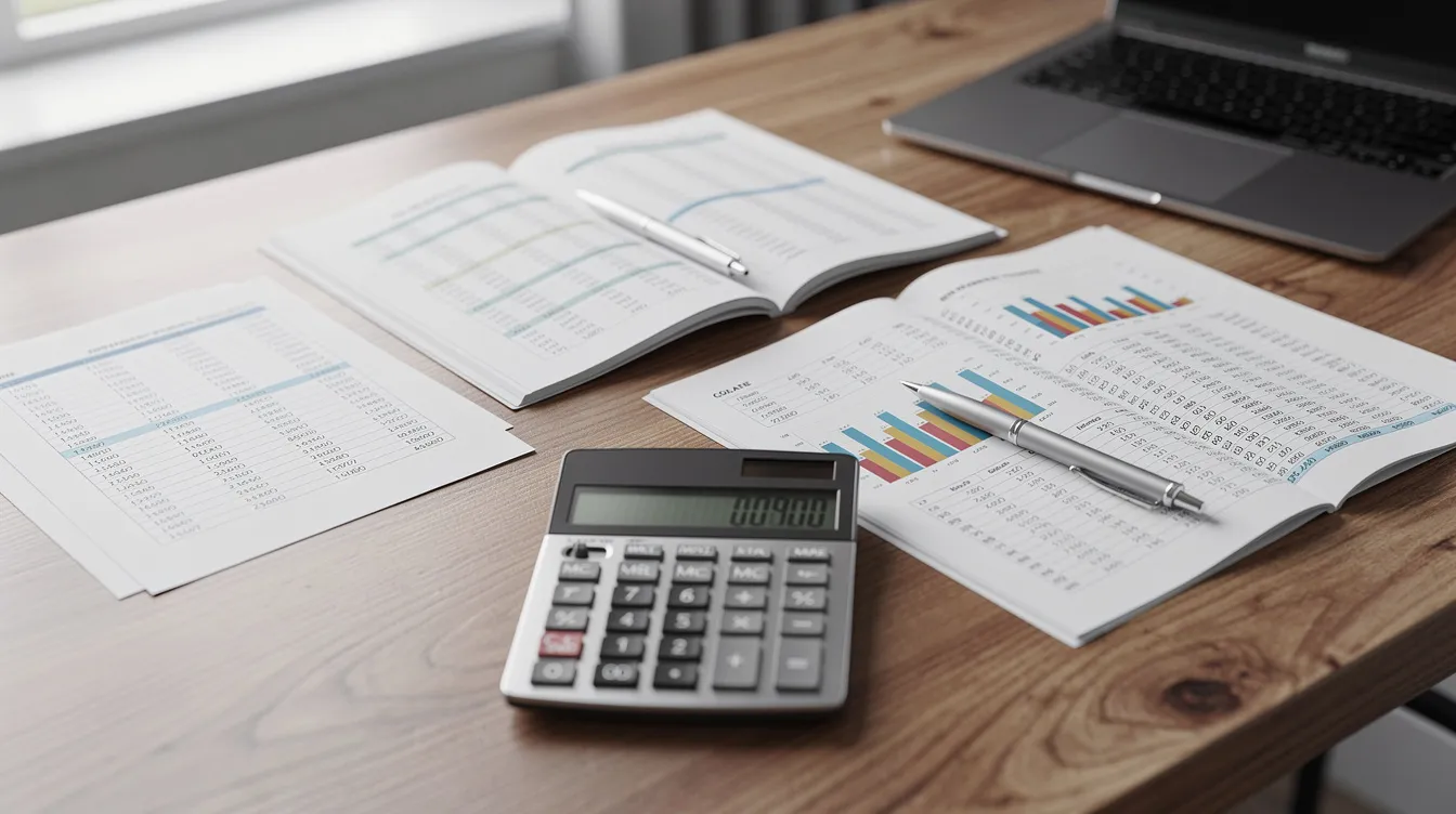 17fbd59f ba28 419f 8ecc 090a82edbdbb The image shows financial documents, spreadsheets, and a calculator arranged on a wooden desk in an office setting, reflecting the financial analysis and operational efficiency essential for eye hospitals. These tools are crucial for evaluating costs, revenue models, and ensuring sustainable practices in providing high-quality eye care services.