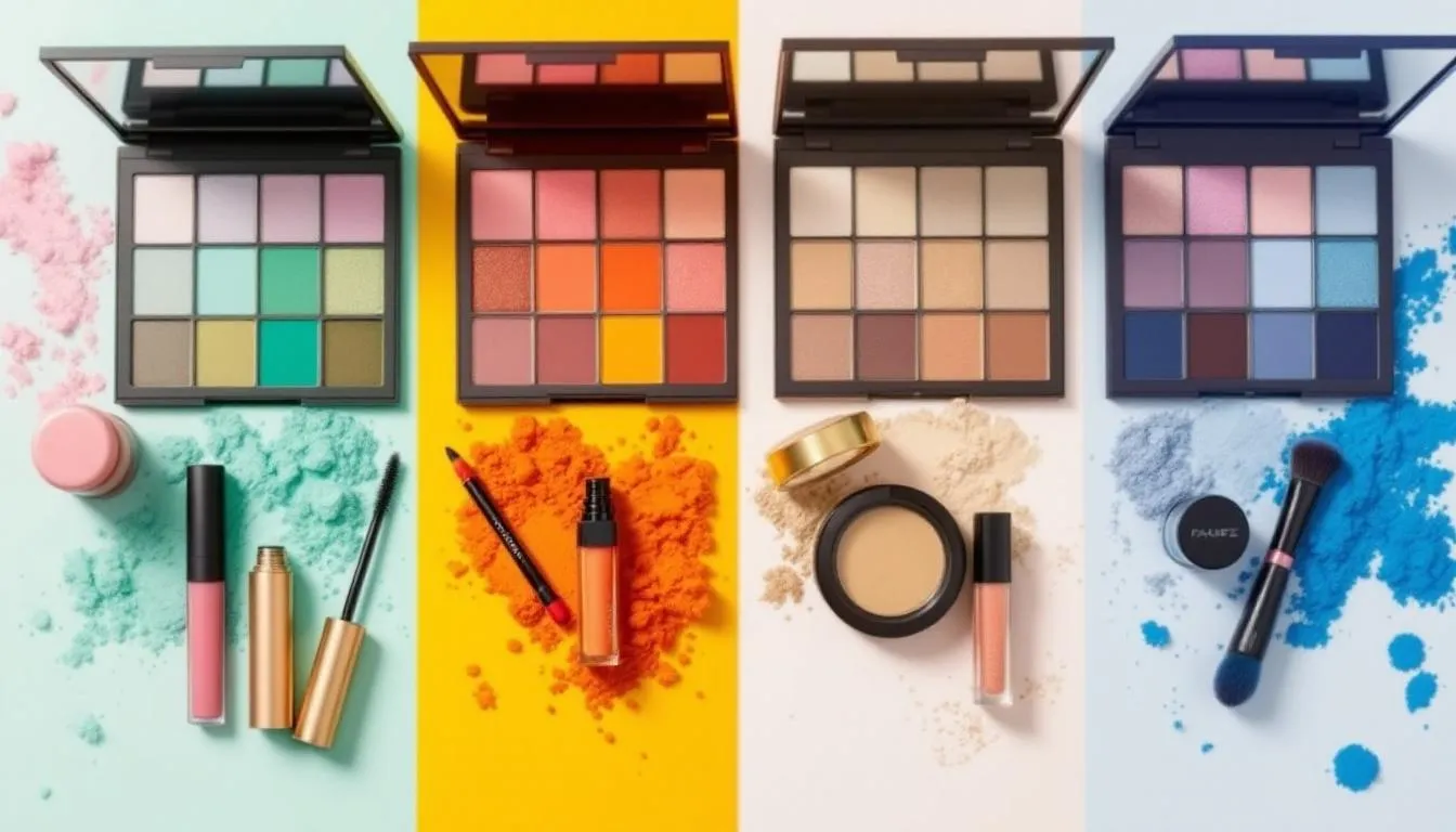 Una imagen que muestra paletas de colores representando las cuatro estaciones colorimétricas, cada una acompañada de productos de maquillaje que reflejan tonalidades adecuadas para diferentes tipos de piel. Las paletas incluyen tonos cálidos y fríos, destacando la importancia de la colorimetría en el maquillaje para resaltar la belleza natural de cada persona.