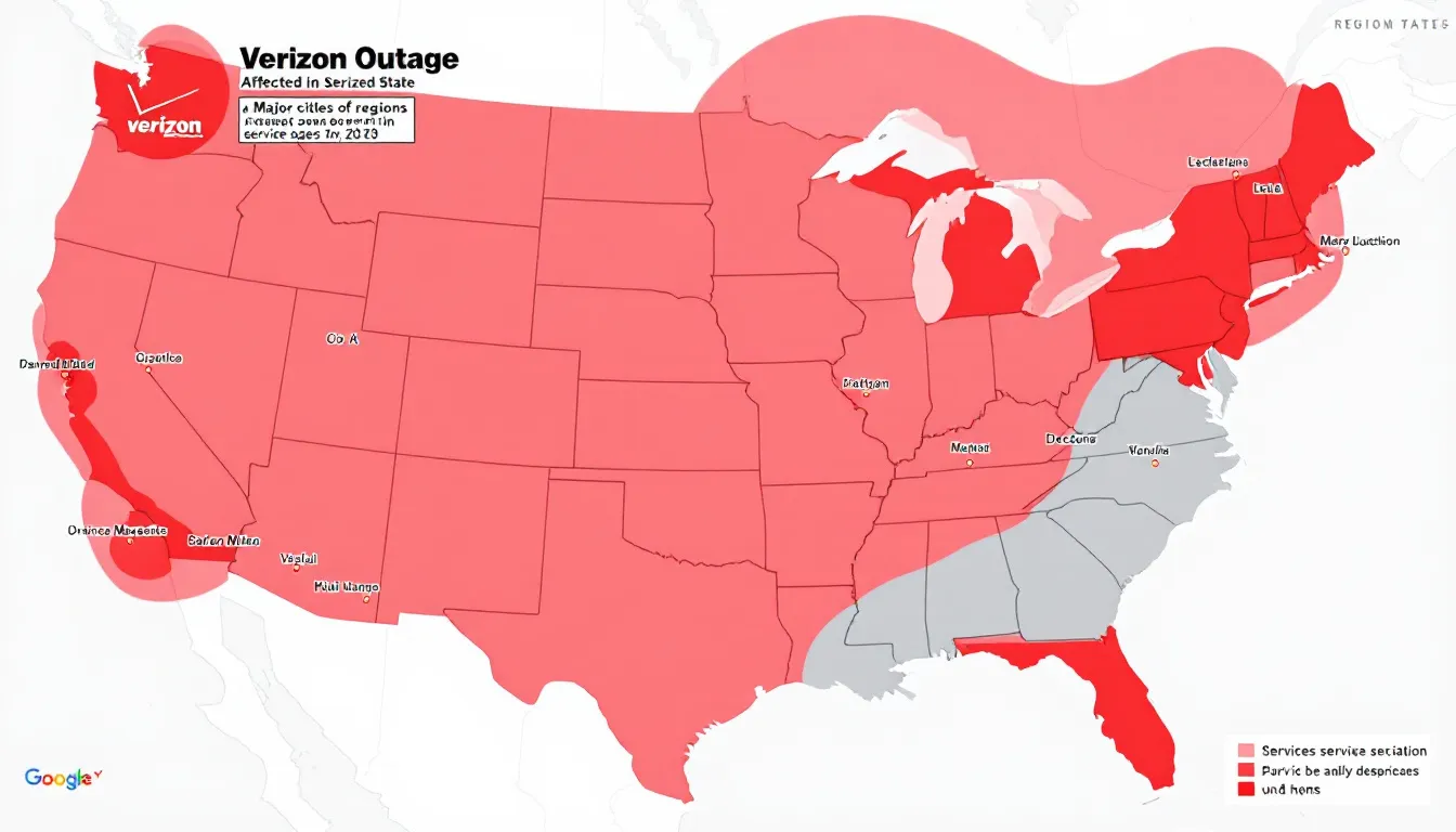 The image shows a map of the United States highlighting areas affected by a major Verizon outage, indicating regions where customers experienced service issues with their wireless network, including phone service and internet connectivity. The map visually represents outage reports, helping users identify locations where they may need to check their network status or report ongoing disruptions.