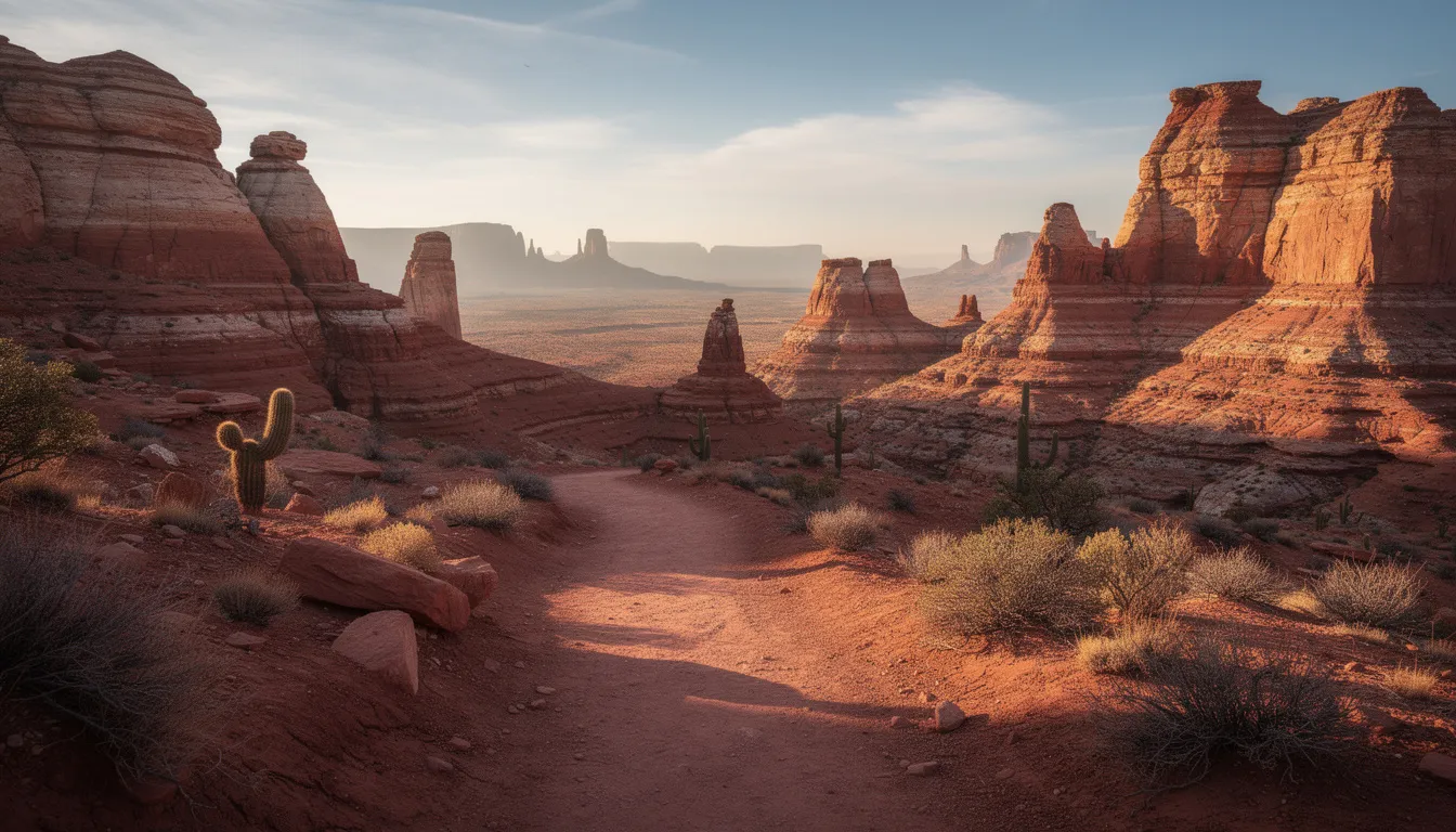 A winding trail cuts through vibrant red rock desert terrain, surrounded by stunning sandstone formations and distant mesas, perfect for winter mountain biking adventures in southern Utah. This picturesque landscape captures the essence of the Utah mountain biking community, inviting riders to explore its unique trails and breathtaking sights.