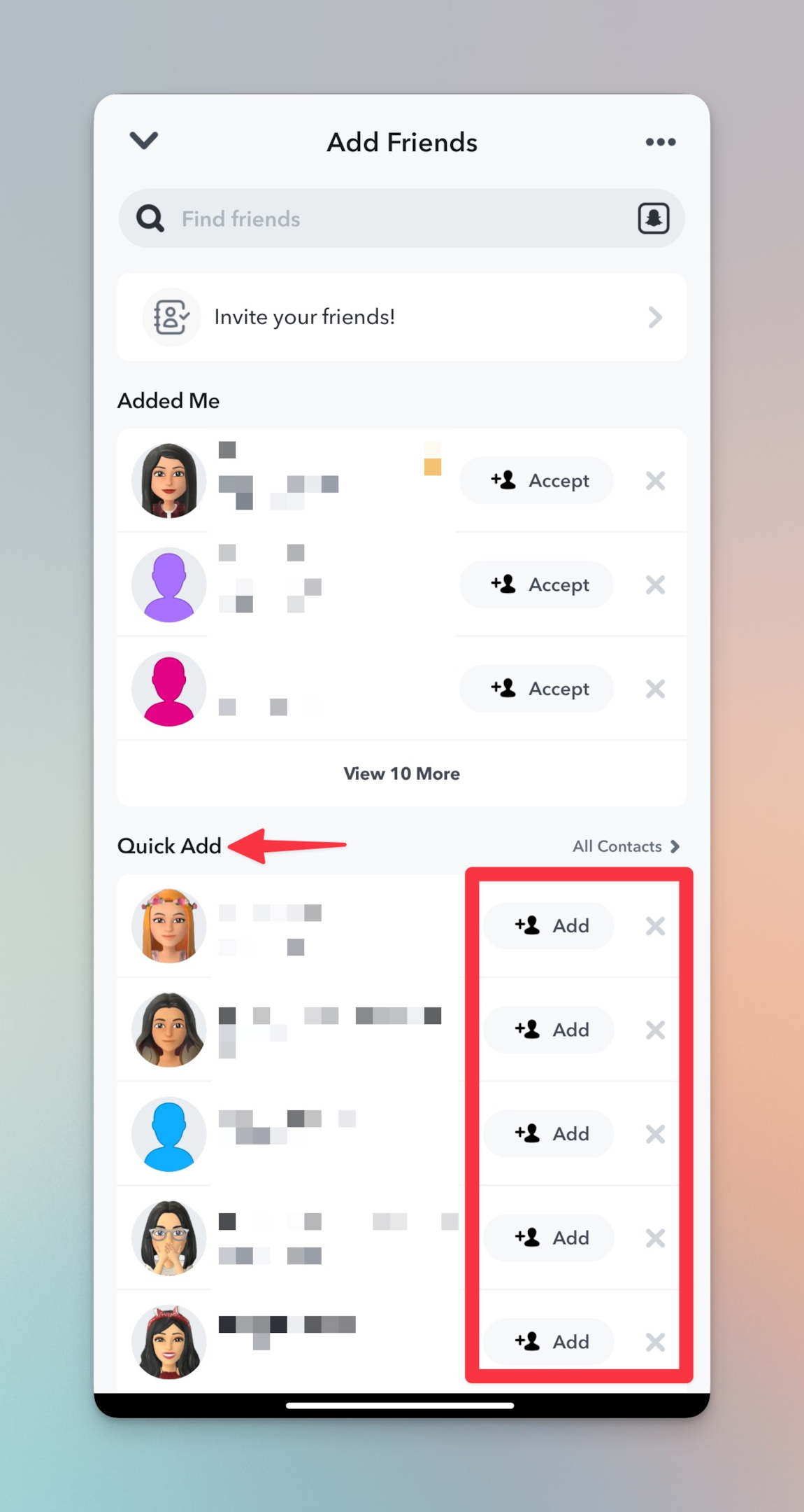 Remote.tools highlighting add button next to snapchat profile under Quick Add section to add them as friends