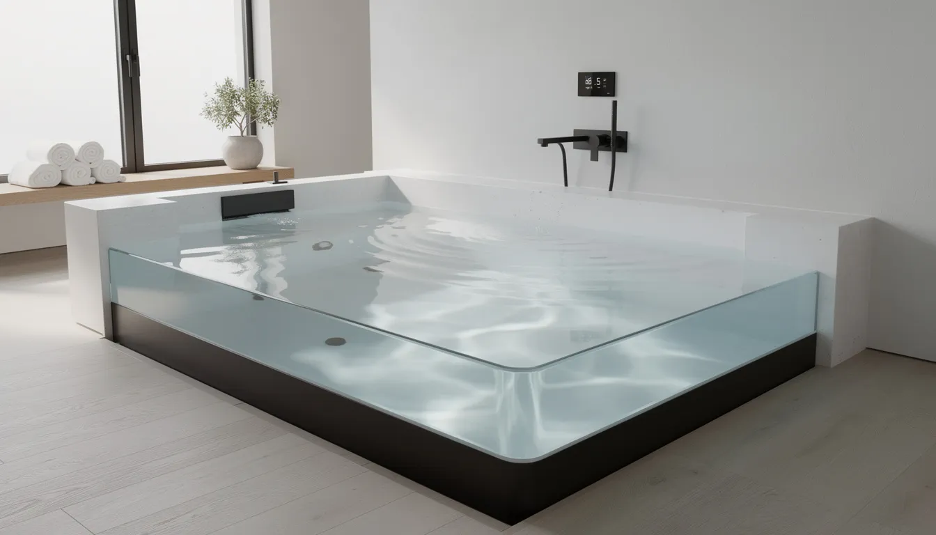 The image depicts a modern cold plunge tub filled with crystal clear water, situated in a stylish home bathroom or wellness room. This sleek tub, designed for refreshing ice baths, showcases a focus on water quality and cleanliness, ideal for enhancing health and wellness routines.