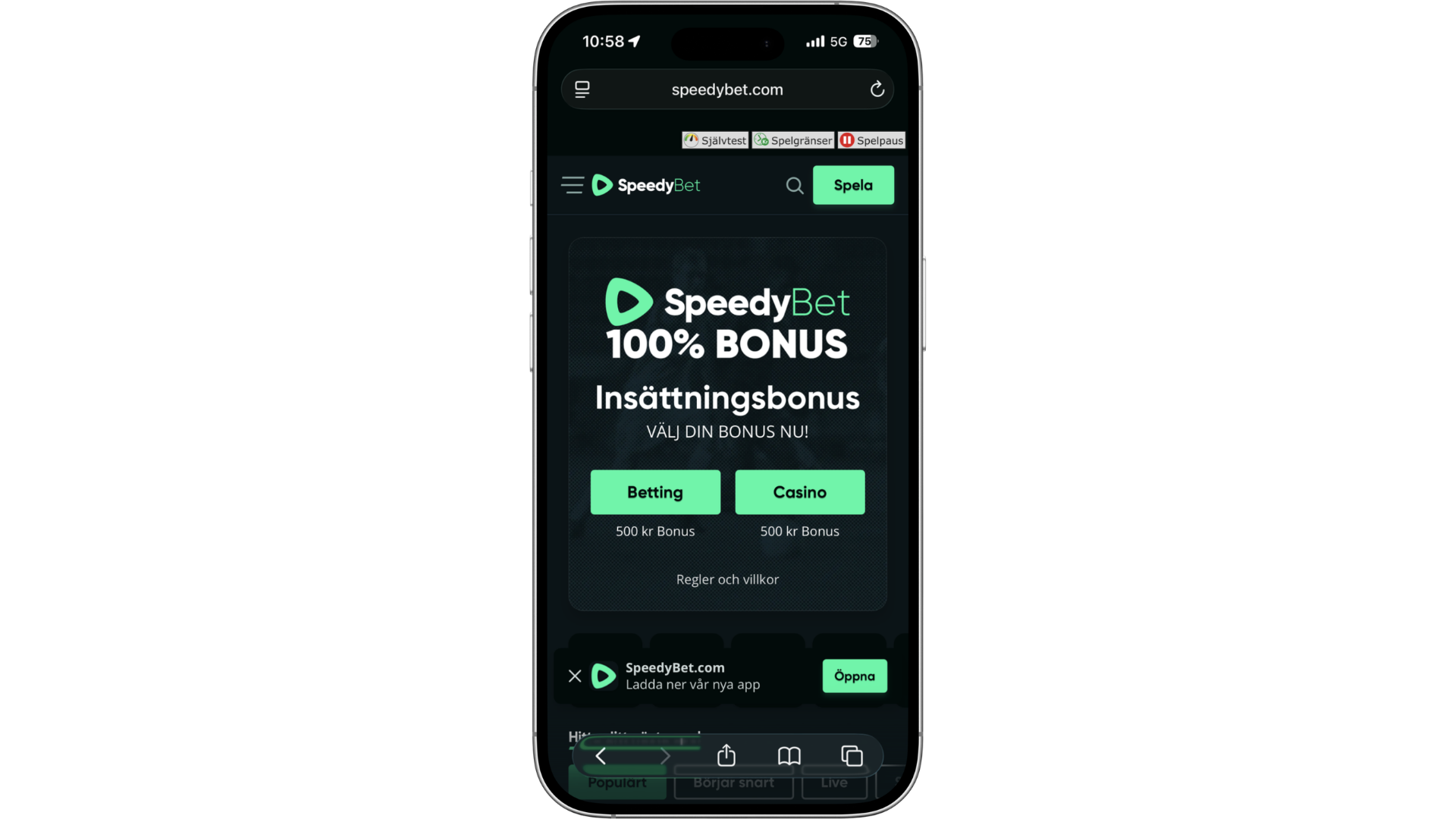 SpeedyBets moilversion av startsidan, med alternativ att ladda ned app.