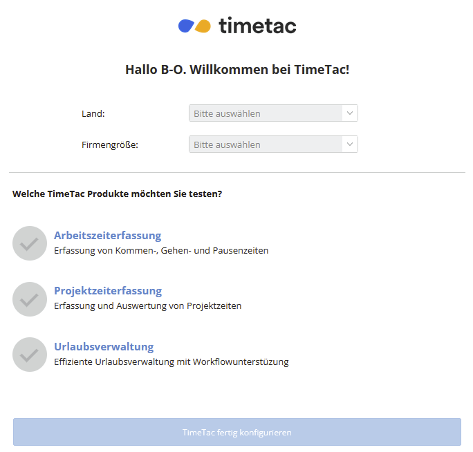 Der Einstieg in den Timetac-Testaccount