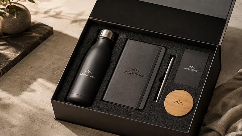  Premium custom water bottle gift set with stainless steel bottle, bamboo lid, and refined packaging