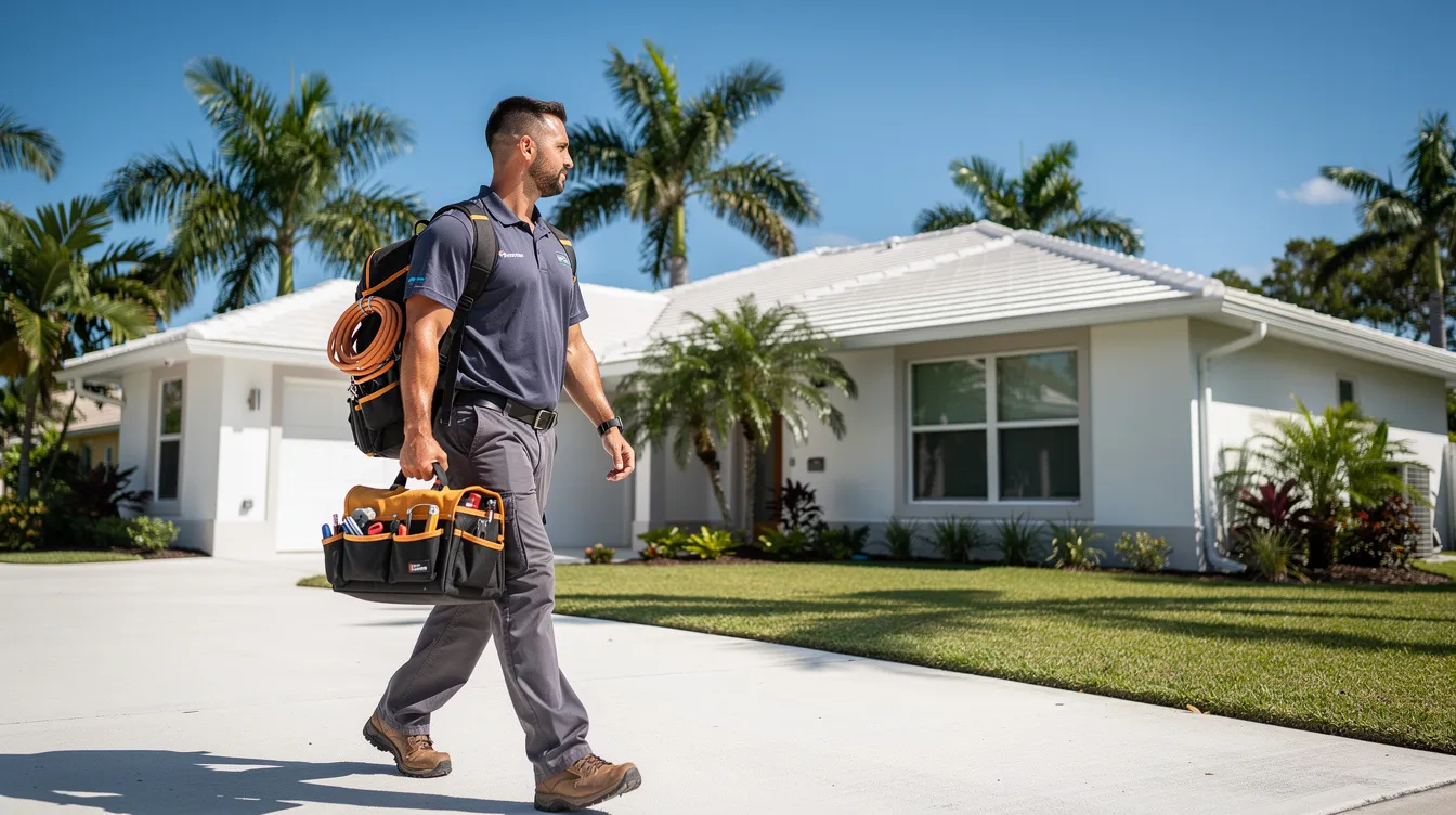 A residential HVAC technician is walking towards a Florida home, equipped with tools and surrounded by palm trees. This technician is ready to provide reliable air conditioning repair services, ensuring the air conditioning system operates efficiently for optimal indoor air quality.
