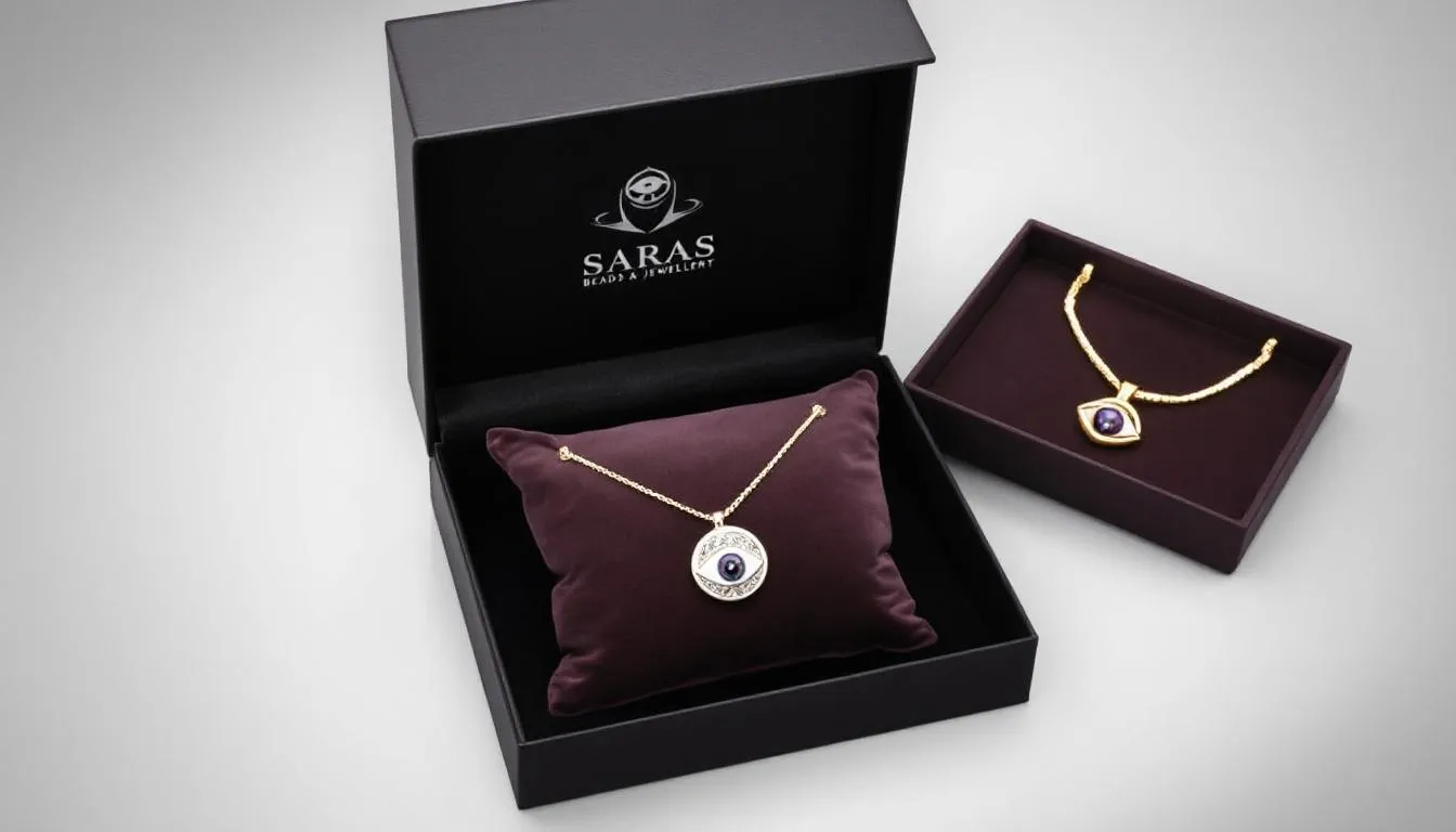 The image showcases luxurious branded gift boxes containing Saras Beads & Jewellery Evil Eyes jewellery, including the Classic Round Eye necklace and a Gold Plated Necklace with Dark Amethyst Pendant. These meaningful pieces, featuring protective eye symbols, are perfect gifts for loved ones, suitable for various special occasions.