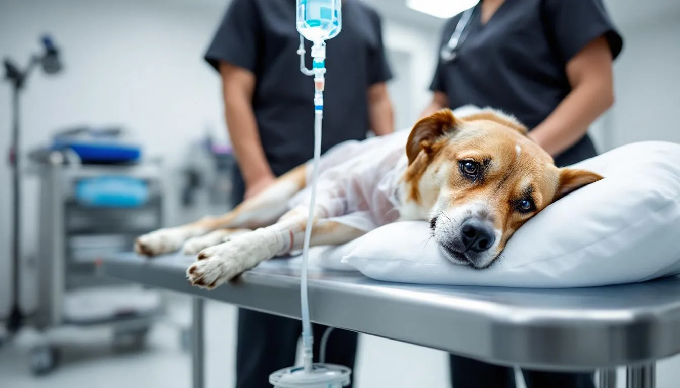 A dog is receiving intravenous fluid therapy in a veterinary hospital, showcasing the clinical care for acute kidney injury potentially caused by leptospirosis in dogs. The environment reflects a professional veterinary setting, emphasizing the importance of disease control and treatment for infected animals.
