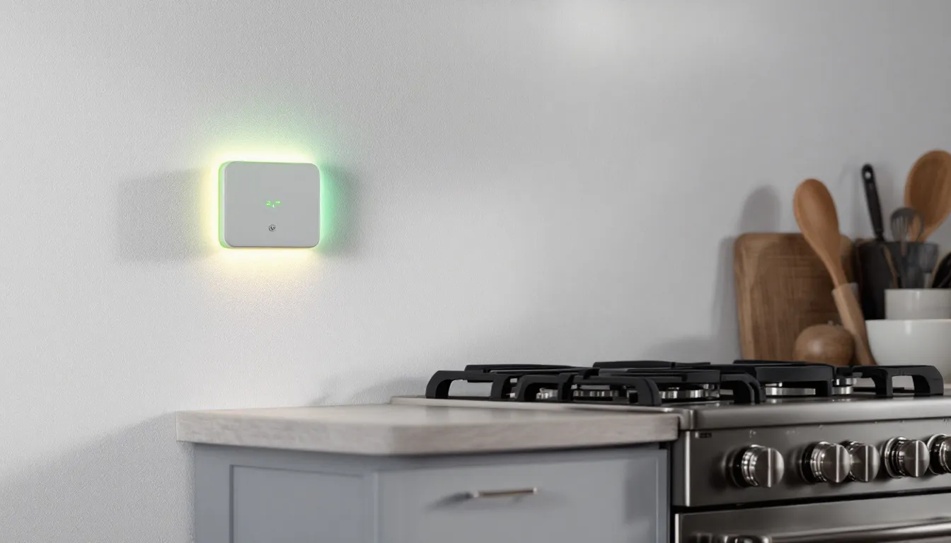 A carbon monoxide detector installed in a kitchen near a gas stove.