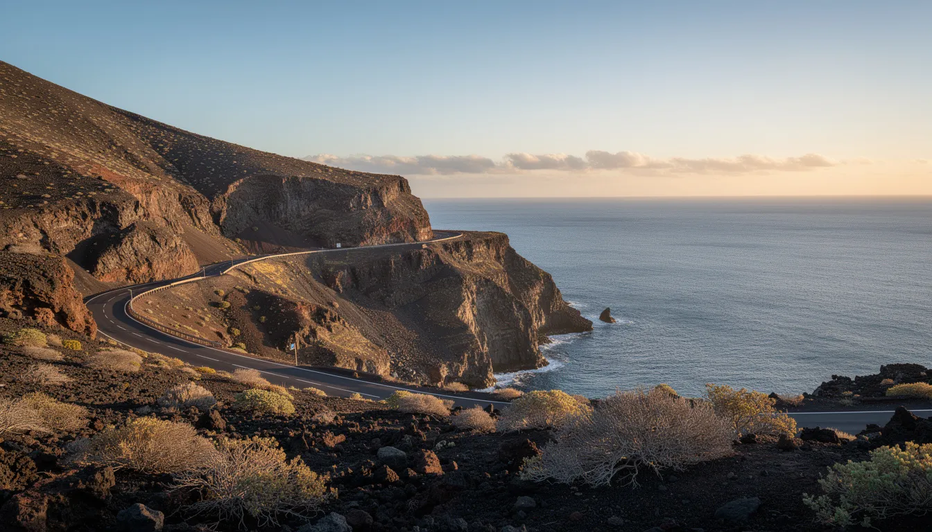 Une route côtière panoramique serpente le long des falaises volcaniques de Lanzarote, offrant une vue imprenable sur l'océan Atlantique. Cette image évoque les paysages spectaculaires de l'île, idéale pour les amateurs de tourisme et de location de voitures à Lanzarote.