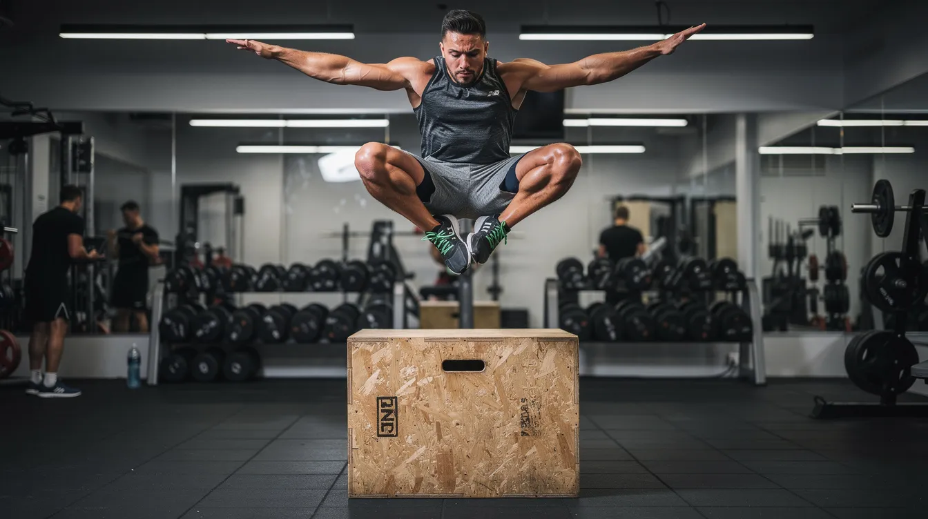 A person is captured mid-air performing an explosive box jump in a gym, showcasing their athletic performance and muscle strength. This high-intensity exercise highlights the importance of resistance training and may be enhanced by creatine supplementation for muscle growth and recovery.