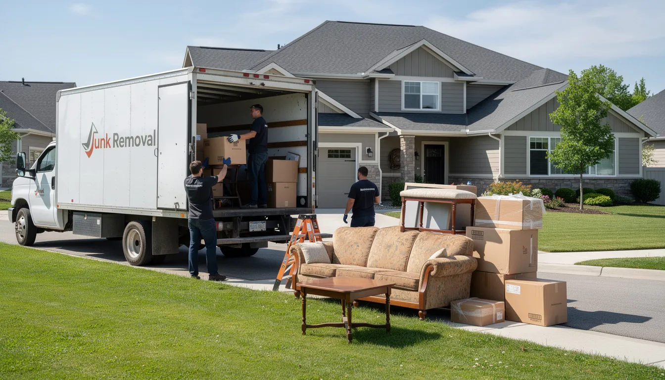 A professional junk removal crew is efficiently loading unwanted furniture and boxes into a truck outside a residential property, ensuring proper disposal of items left behind by previous tenants. The experienced team prioritizes safety and smooth transitions for landlords and property managers, offering comprehensive removal services with transparent pricing.