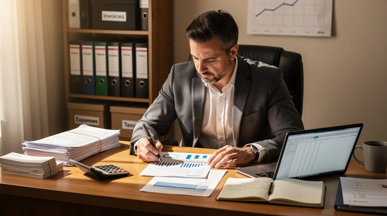 180cc557 cb05 4318 a243 ee019a303c6b A small business owner is seated at a desk, intently reviewing various financial documents and papers, which likely include cash flow statements and balance sheets essential for their business plan. The scene highlights the importance of complete financial information in preparing a project report for potential mudra loans or other bank loans.