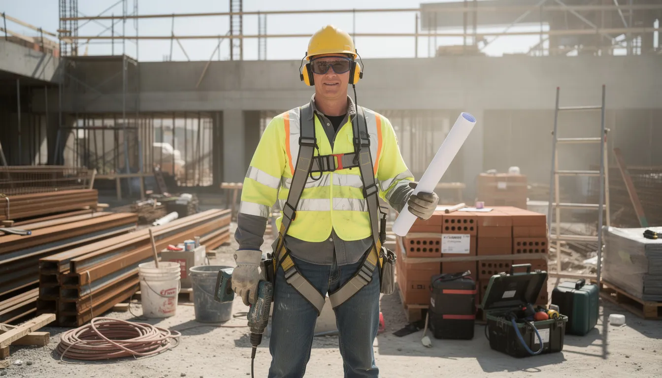 A construction worker wearing a hard hat, reflective vest, and safety goggles is actively working on a job site surrounded by tools and building materials. This scene emphasizes the importance of workers compensation coverage for employees and independent contractors in ensuring their safety and financial protection against workplace injuries.