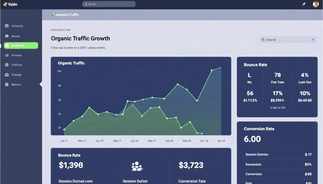 The image depicts an analytics dashboard showcasing the growth of organic traffic over time, highlighting key metrics related to website traffic and user behavior. This visual representation emphasizes the importance of search engine optimization strategies in driving organic search traffic and enhancing brand visibility.