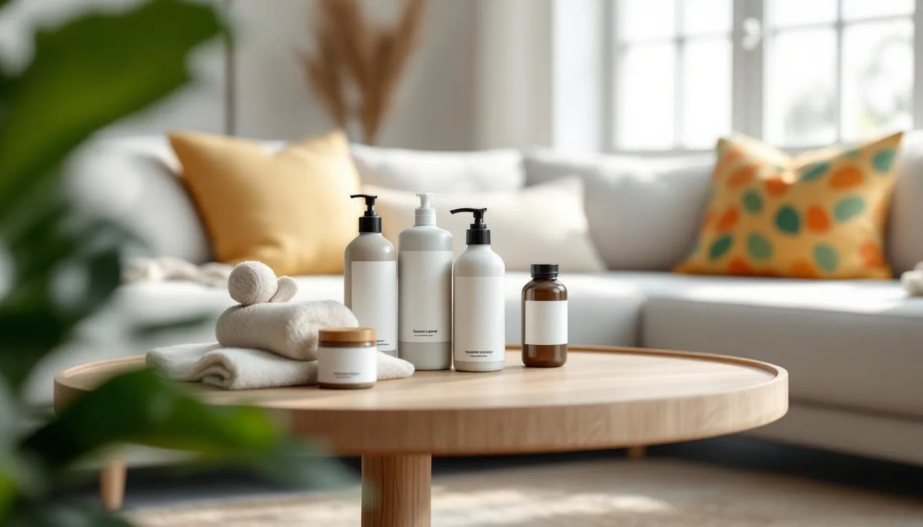 Eco-friendly cleaning products displayed on a wooden table, promoting sustainable sofa cleaning solutions in Abu Dhabi.