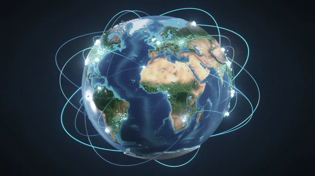 The image depicts a glowing globe connected by bright network points, symbolizing worldwide server locations and cloud infrastructure for virtual private servers. This visual representation highlights the global reach of free VPS hosting and cloud services, showcasing the interconnectedness of data centers and the potential for users to access resources securely.