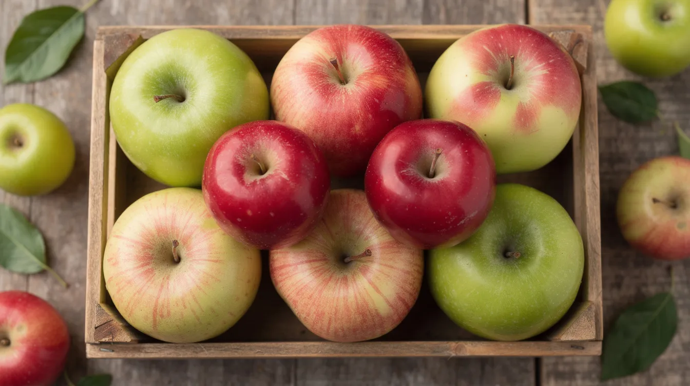 A wooden crate is filled with several varieties of fresh apples, showcasing vibrant green, red, and pink-striped apples. This colorful assortment could be a delightful addition to a DIY caramel apple bar or a delicious apple pie.