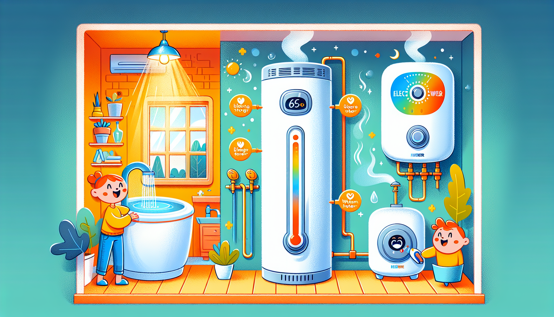 A cartoon representation of electric hot water systems, showcasing electric storage and instantaneous water heaters.