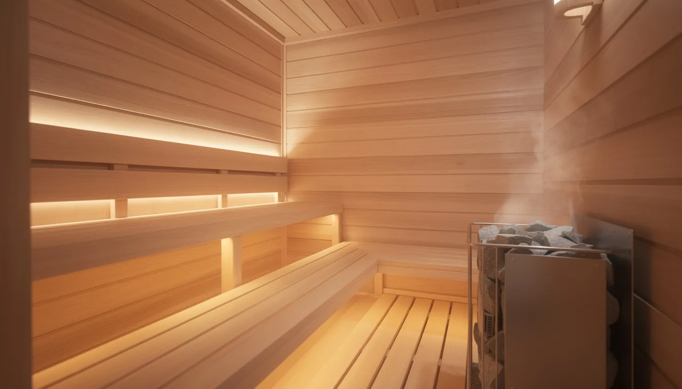 The image depicts the interior of a clean wooden sauna, featuring smooth cedar benches and warm ambient lighting that creates a cozy atmosphere. This traditional sauna space emphasizes cleanliness and maintenance, showcasing the inviting environment for relaxing sauna sessions.
