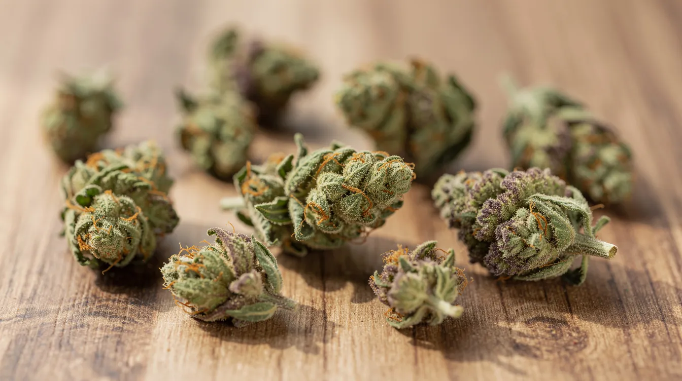 The image features an assortment of hemp flower buds arranged on a natural wooden surface, illuminated by soft lighting that highlights their textures and colors. This display showcases hemp-derived products, which are often associated with various legal statuses and regulations related to cannabis in different states, including Washington.