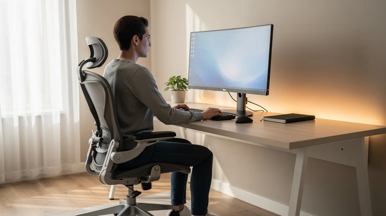 A person is sitting at an ergonomically set up workstation in a well-lit room, with their monitor positioned at eye level, promoting a relaxed posture that helps reduce eye strain and fatigue. This setup allows for a comfortable working environment, which can prevent tired eyes and dark circles often associated with long hours in front of screens.