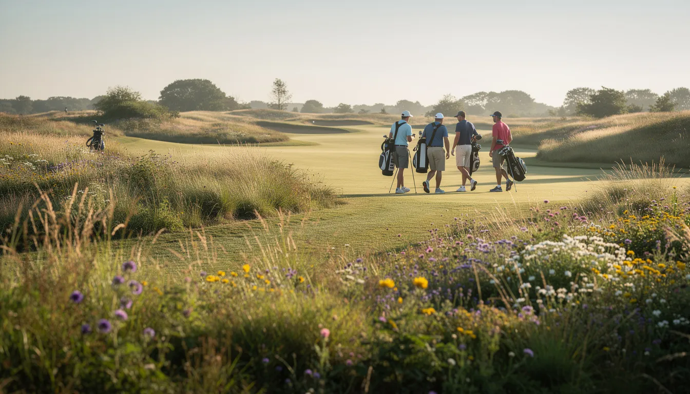 The image shows golfers walking along a fairway adorned with native grasses and vibrant wildflowers, highlighting the environmental focus of many golf courses. This scene emphasizes the importance of native vegetation in supporting wildlife habitats and enhancing the overall environmental quality of urban areas.