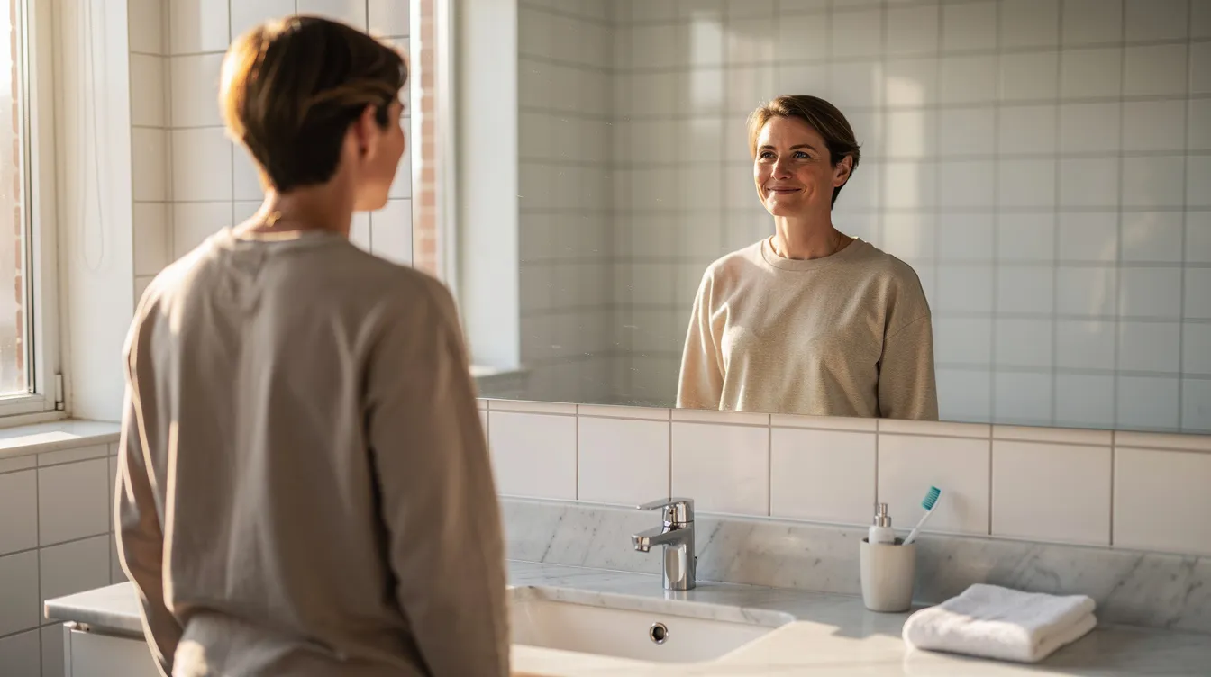 The image depicts a person standing confidently in front of a mirror in a bright, clean bathroom, reflecting a sense of self-assurance and satisfaction with their appearance, possibly after undergoing cosmetic procedures. The setting suggests a focus on personal well-being and aesthetic goals, common among patients seeking plastic surgery in Staten Island.