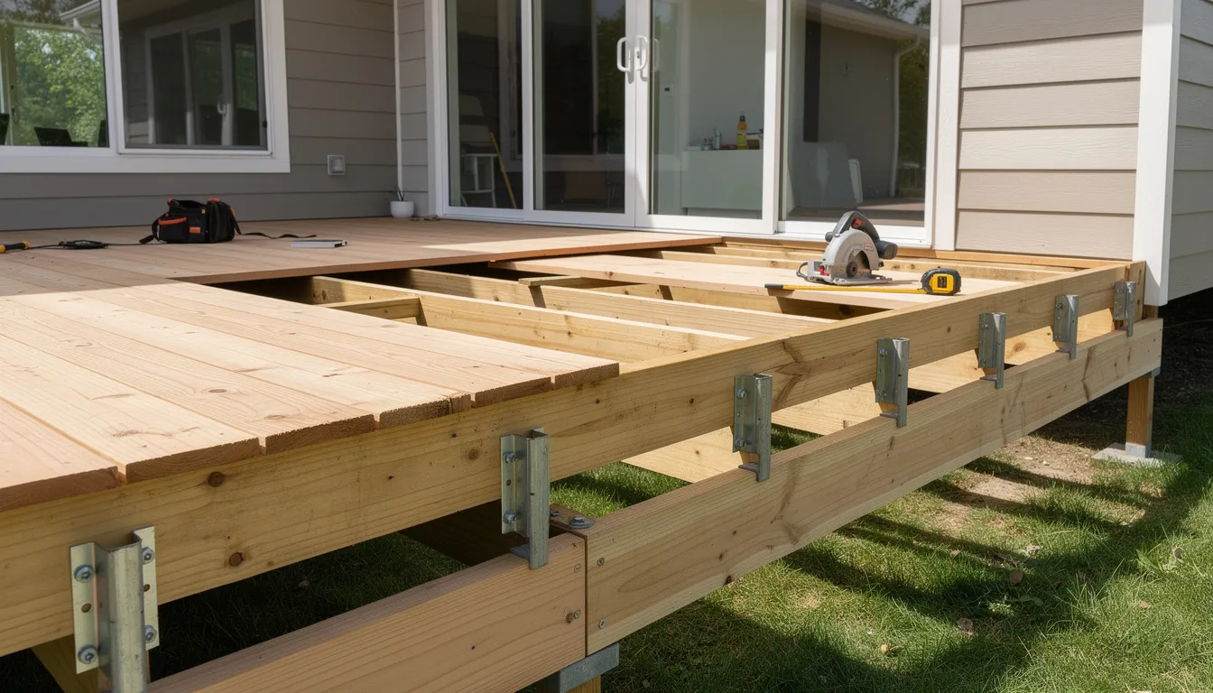 The image shows a modern wooden deck under construction, featuring visible joist framing that highlights the structural integrity of the design. This outdoor space is designed for a cold plunge pool, emphasizing a spa-like atmosphere for relaxation and well-being in a backyard oasis.