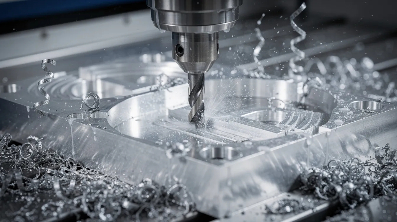 A close-up view of a CNC milling machine spindle actively cutting into an aluminum workpiece, with coolant flowing to keep the cutting tool cool and visible metal chips scattered around. This image illustrates the precision and efficiency of CNC technology in the manufacturing process.