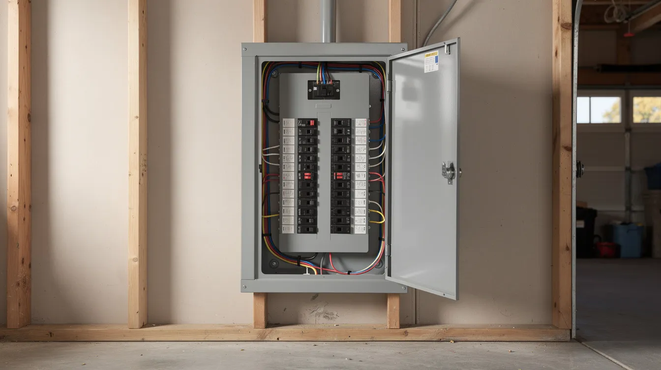 The image shows a modern residential electrical panel mounted in a garage, featuring visible rows of circuit breaker switches. This upgraded electrical panel is essential for managing the home's electrical system, ensuring safety and efficiency for various circuits and appliances.
