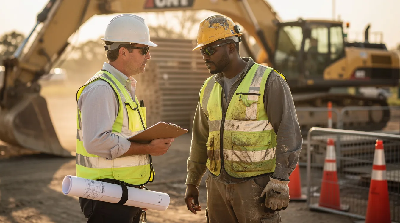 A superintendent speaks privately with a construction worker on a jobsite, illustrating supportive leadership and early intervention conversations.
