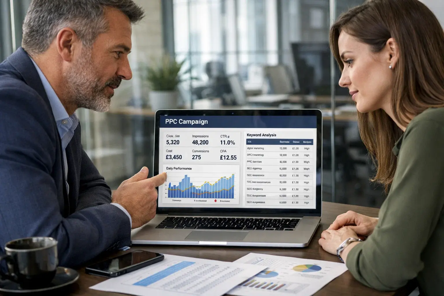 Recruitment agency meeting discussing PPC strategy and advertising campaigns