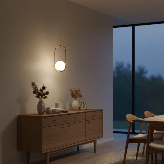 Minimalist oval pendant light with frosted globe casting soft ambient light.