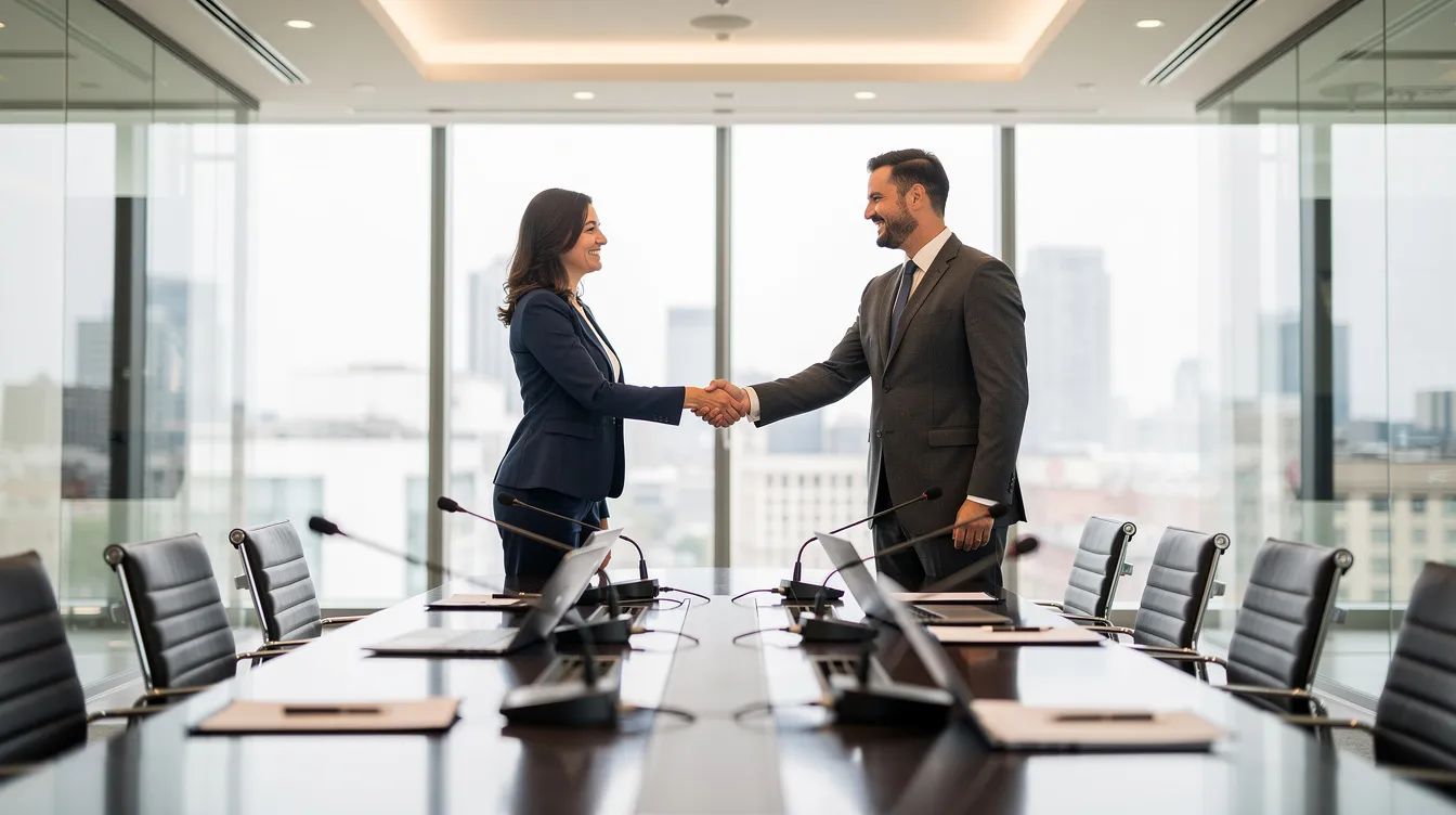 In a modern conference room, two professionals are shaking hands over a table equipped with microphones, symbolizing a successful partnership in podcast marketing strategy. This setting highlights the importance of collaboration in reaching a target audience and promoting podcast episodes effectively.