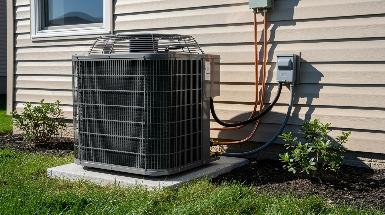 An outdoor air conditioning condenser unit is positioned next to a residential home under the bright sun, showcasing its role in maintaining indoor air quality and comfort. The unit, part of an efficient cooling system, is essential for effective air conditioner repair service and routine maintenance.