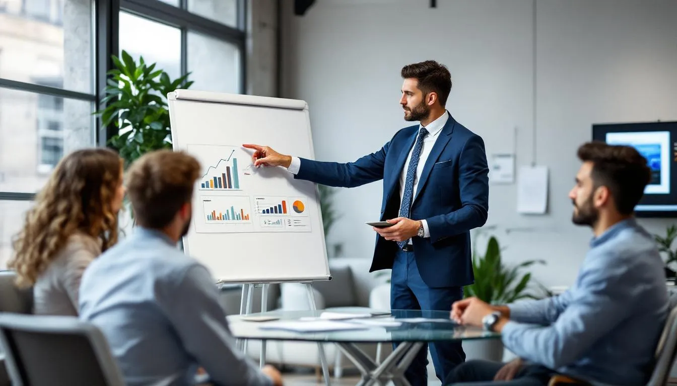 A business professional is presenting marketing analytics and growth charts to a small team in a modern office setting, showcasing data-driven strategies to enhance their digital presence and achieve business goals. The atmosphere is collaborative, emphasizing the importance of tailored marketing strategies for small businesses to drive results and increase revenue.