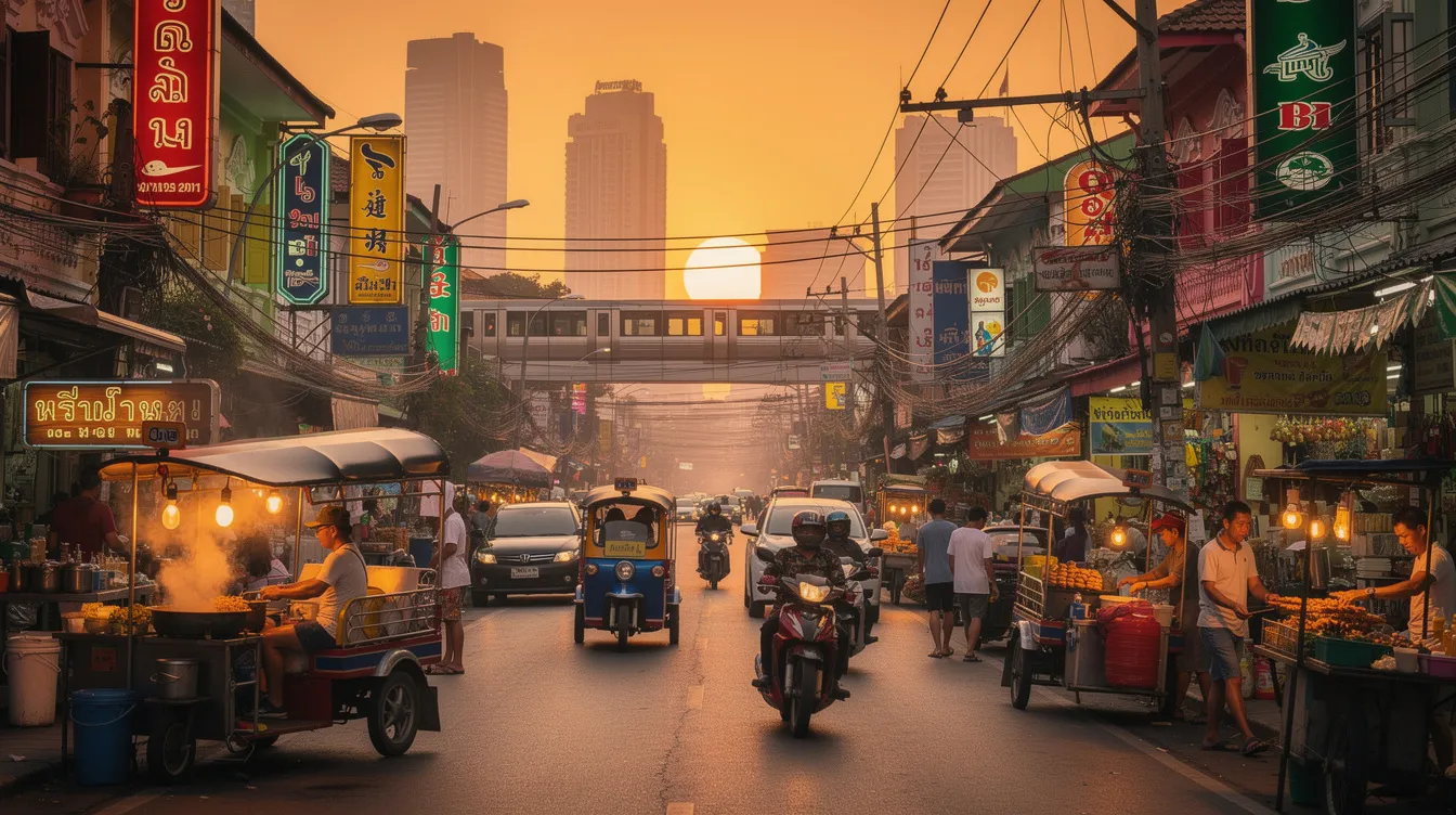 A imagem retrata a vibrante cidade de Bangkok, Tailândia, com seus impressionantes templos budistas e o famoso Grand Palace ao fundo. Os mercados movimentados e a vida noturna animada refletem a rica cultura e história da capital tailandesa, atraindo turistas de todo o mundo.