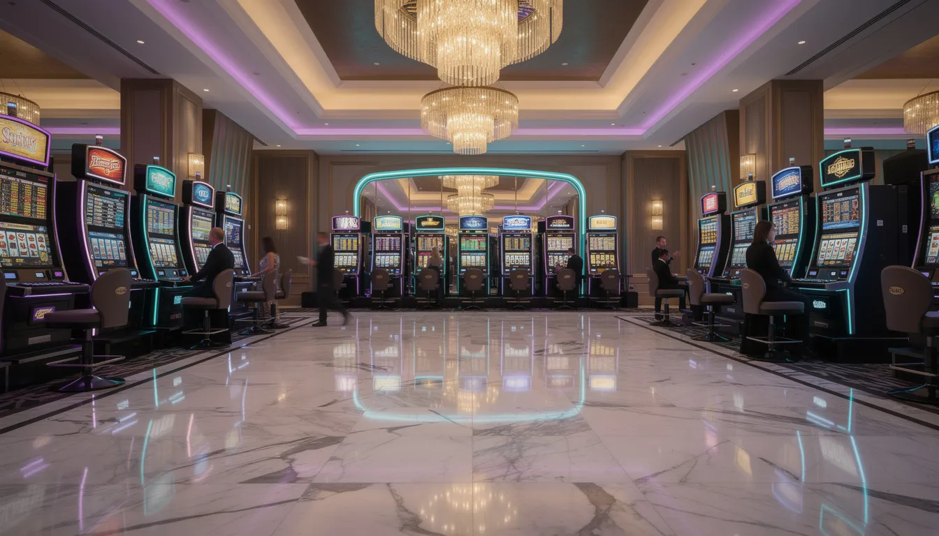 En elegant casinomiljö med starka neonljus och spelautomater i bakgrunden skapar en livlig atmosfär. Här kan spelare njuta av olika spelupplevelser, inklusive slots och live casino, hos Turbovegas.