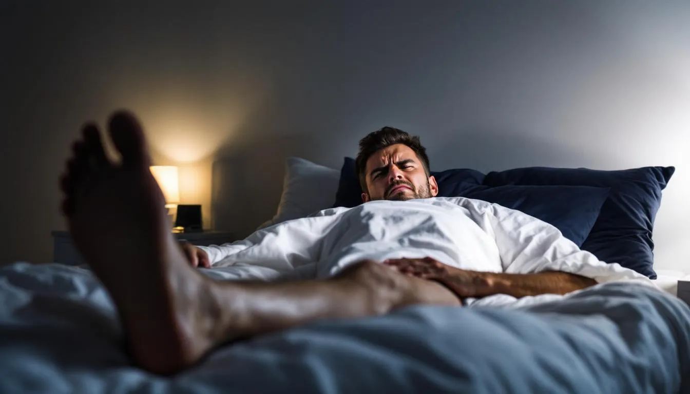 A person is lying in bed at night, visibly uncomfortable due to restless leg syndrome, with an overwhelming urge to move their legs. This scene captures the struggle of managing RLS symptoms, highlighting the impact on sleep quality and the potential link to magnesium deficiency.