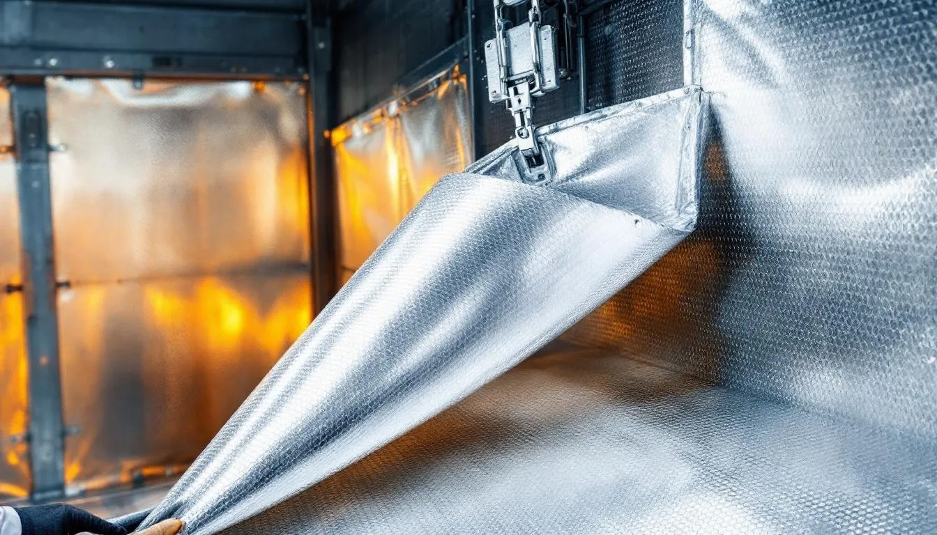 A worker is installing a reflective insulated liner inside a shipping container, enhancing the thermal packaging solutions for temperature controlled packaging. This insulated packaging aims to protect sensitive products during transportation, ensuring they maintain their integrity throughout the cold chain.