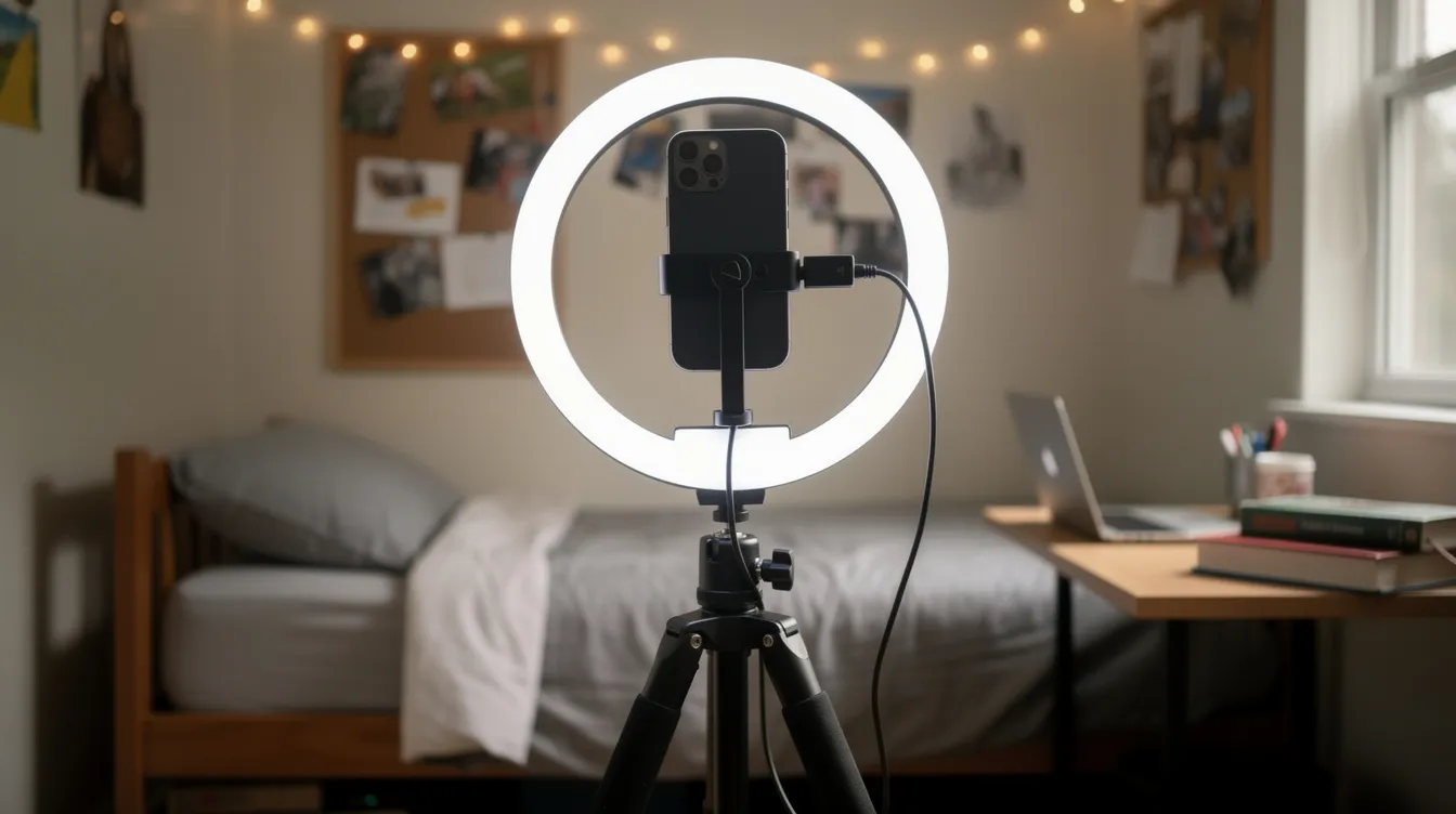 182c7dd2 9237 4a04 8d5f f452b03d8c14 The image shows a smartphone mounted on a tripod, recording a video under a ring light in a cozy dorm room, which can be an ideal setup for college students looking to create content for social media management or online tutoring services. This scene highlights the practical skills and low investment business ideas that student entrepreneurs can explore while balancing their academic responsibilities.