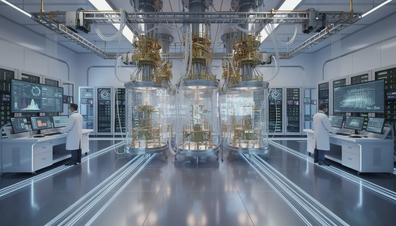 The image depicts a futuristic quantum computing laboratory filled with advanced superconducting systems and interconnected devices, showcasing the latest technological innovations. Researchers are engaged in exploring quantum mechanics to optimize operations and drive advancements in artificial intelligence and machine learning.