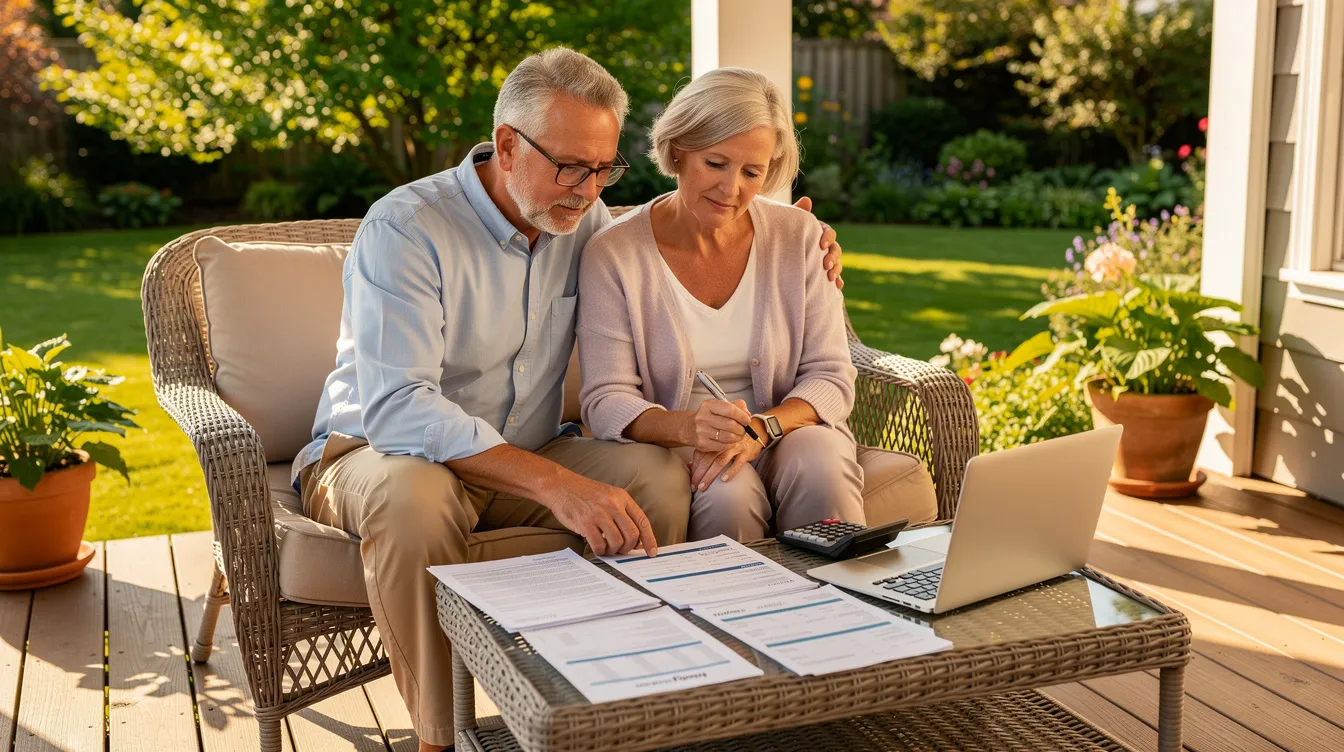 A retired couple sits together on a sunny porch, reviewing financial documents related to their retirement savings. They appear engaged as they discuss topics such as IRA withdrawals and tax implications, ensuring they understand their options for tax-free withdrawals and the rules for traditional and Roth IRAs.
