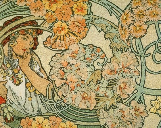Print of Lady Surrounded by Flowers by Alphonse Mucha