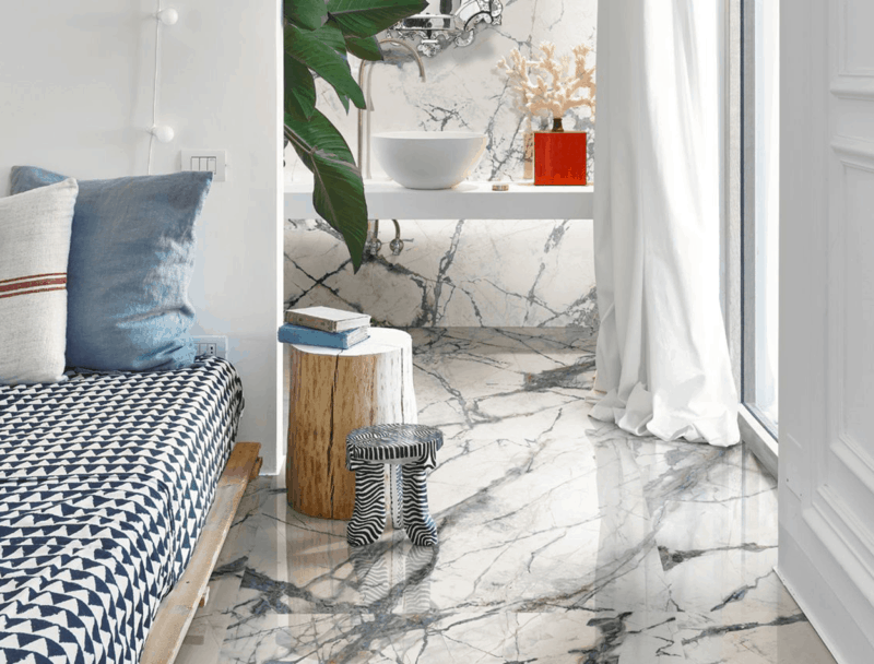 The Room Polished porcelain tiles, bright white 120x60cm tiles, Slim rectified, 6.5mm tiles, marble effect porcelain wall, floor tiles by Imola.