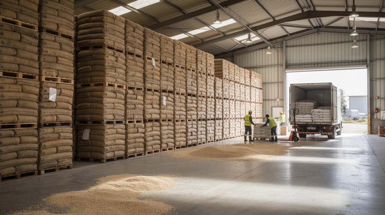 The image shows a large warehouse filled with stacked bags of grain, while workers are actively loading a truck with the bags. This setting is typical in a poha manufacturing plant, where the production capacity and efficiency play a crucial role in the poha processing and packaging of rice flakes.