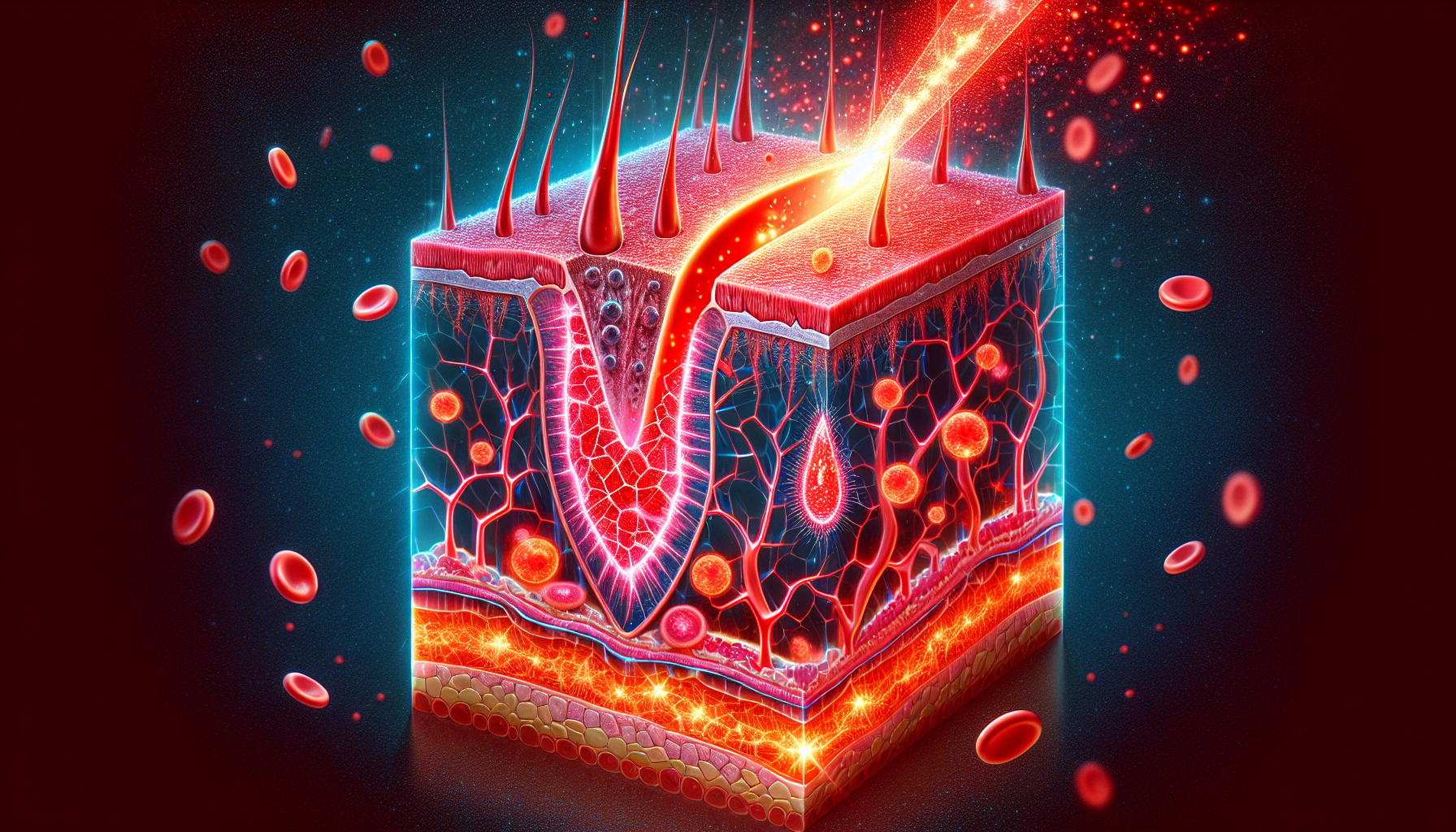 Illustration of wound healing with red light therapy