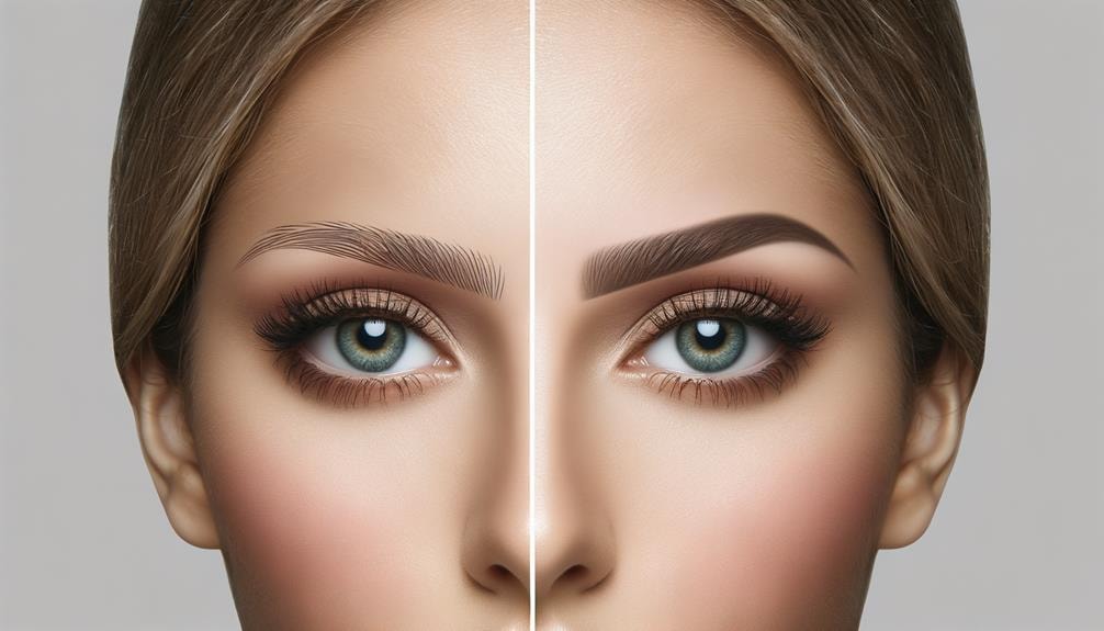 Close-up of a face showing a before-and-after comparison of eyebrows. The left side shows thin, sparse eyebrows, while the right side shows thick, perfectly shaped eyebrows that accentuate the face and give a well-groomed appearance.