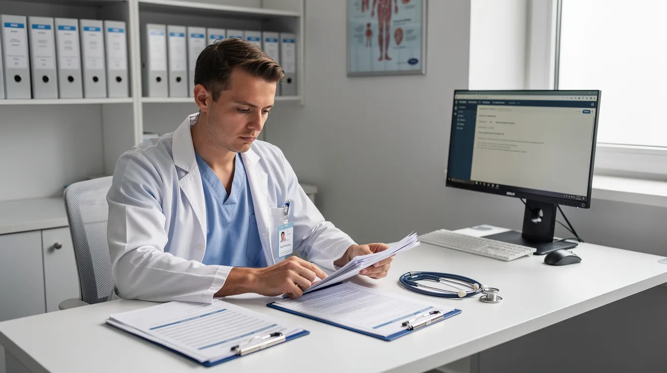 A nurse case manager is seated at a clinic desk, reviewing documents related to workers' compensation claims for injured workers. The scene emphasizes the medical professional's role in guiding patients through the claims process and coordinating their medical care and appointments.